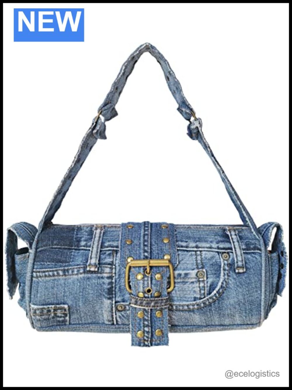 Vintage Upcycled Denim Punk Studded Barrel Handbag Shoulder Purse Brass Buckle